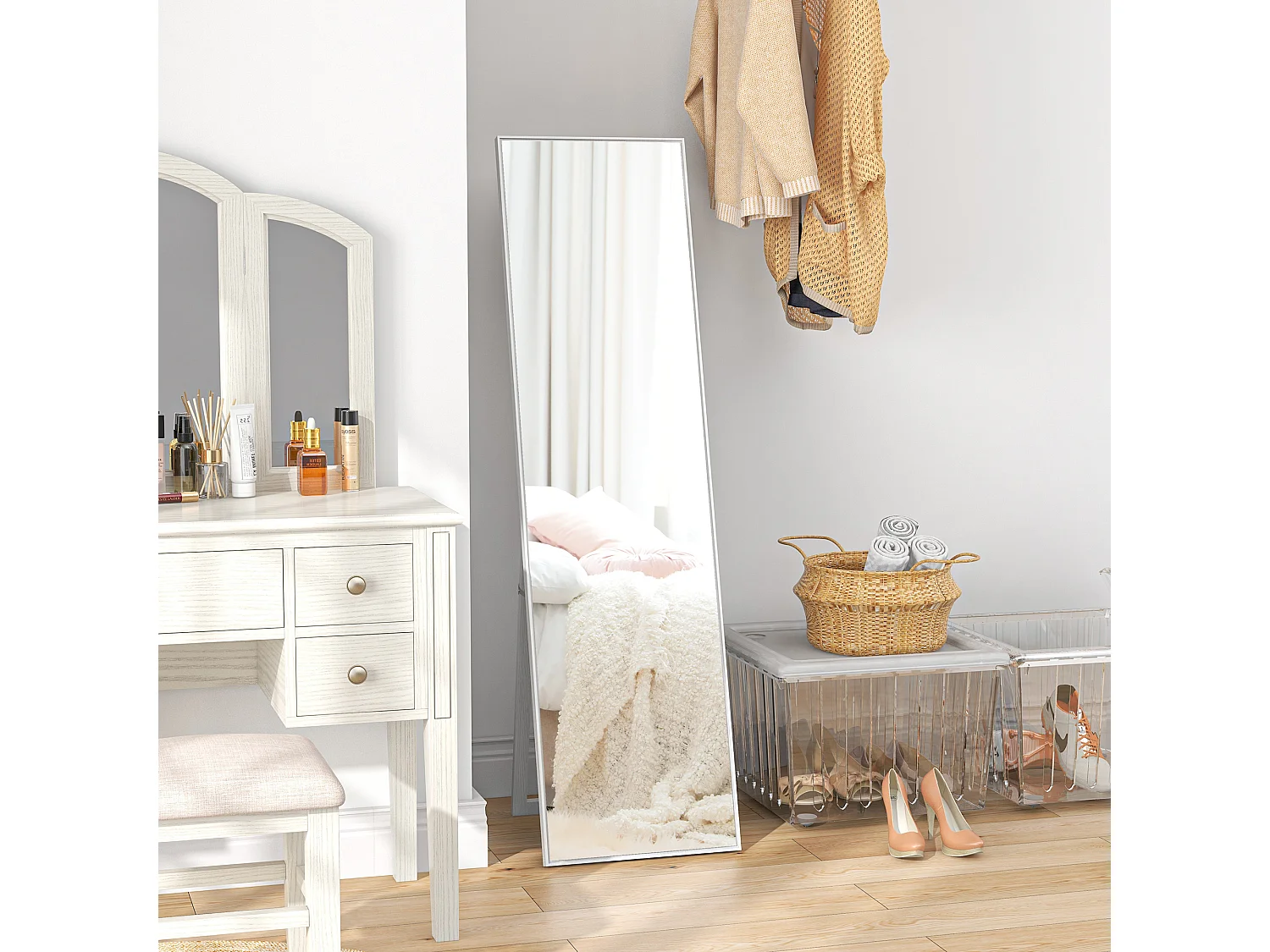 Miroir sur pied rectangulaire dim. 40L x 35l x 147H cm MDF aspect bois blanc