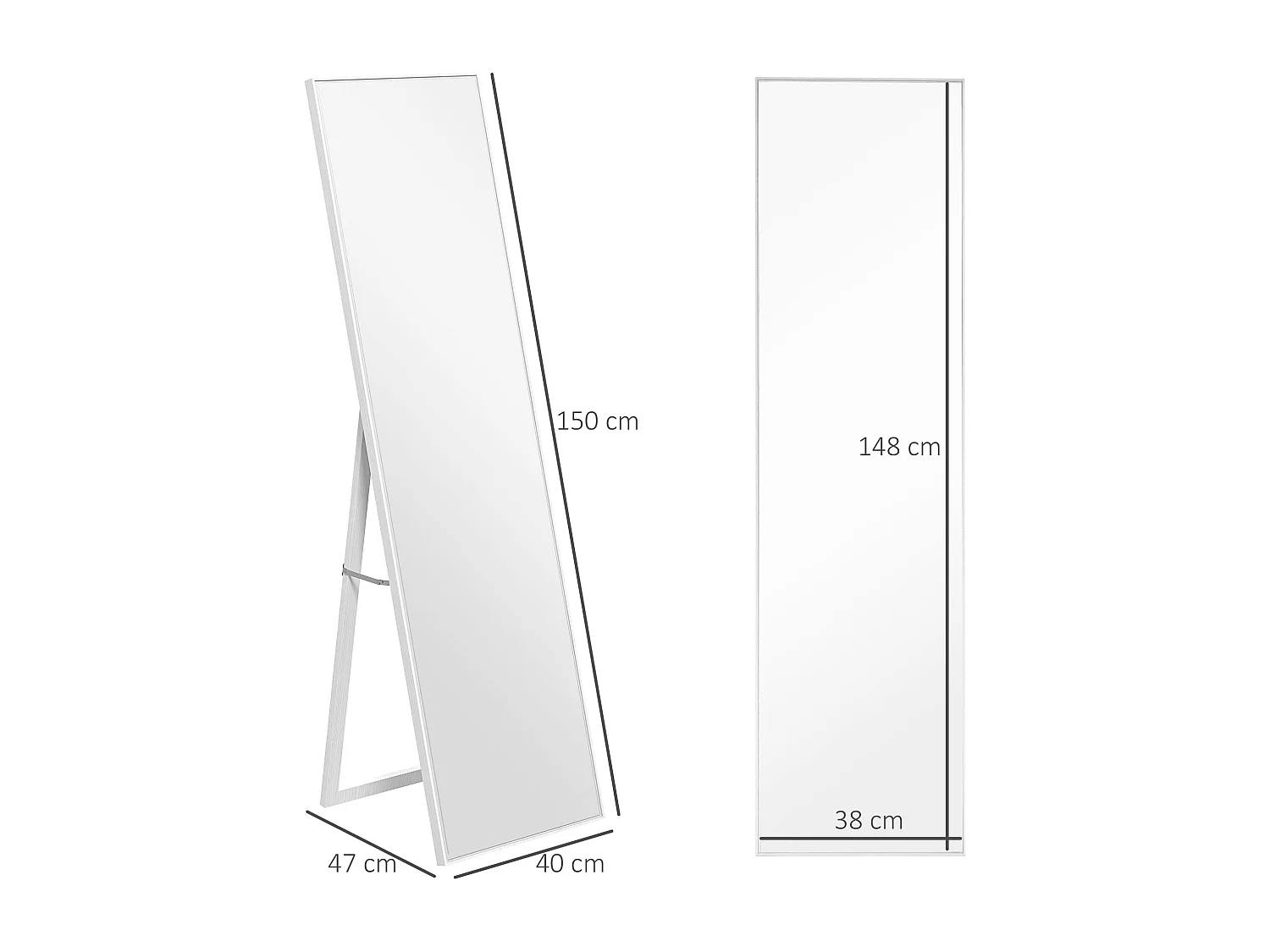 Miroir sur pied rectangulaire dim. 40L x 35l x 147H cm MDF aspect bois blanc