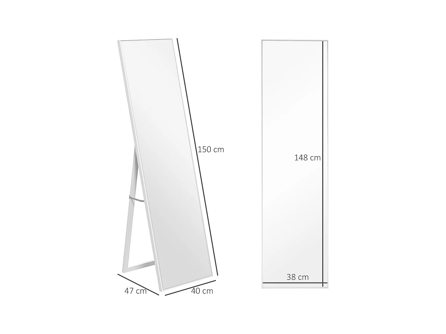 Miroir sur pied rectangulaire dim. 40L x 35l x 147H cm MDF aspect bois blanc