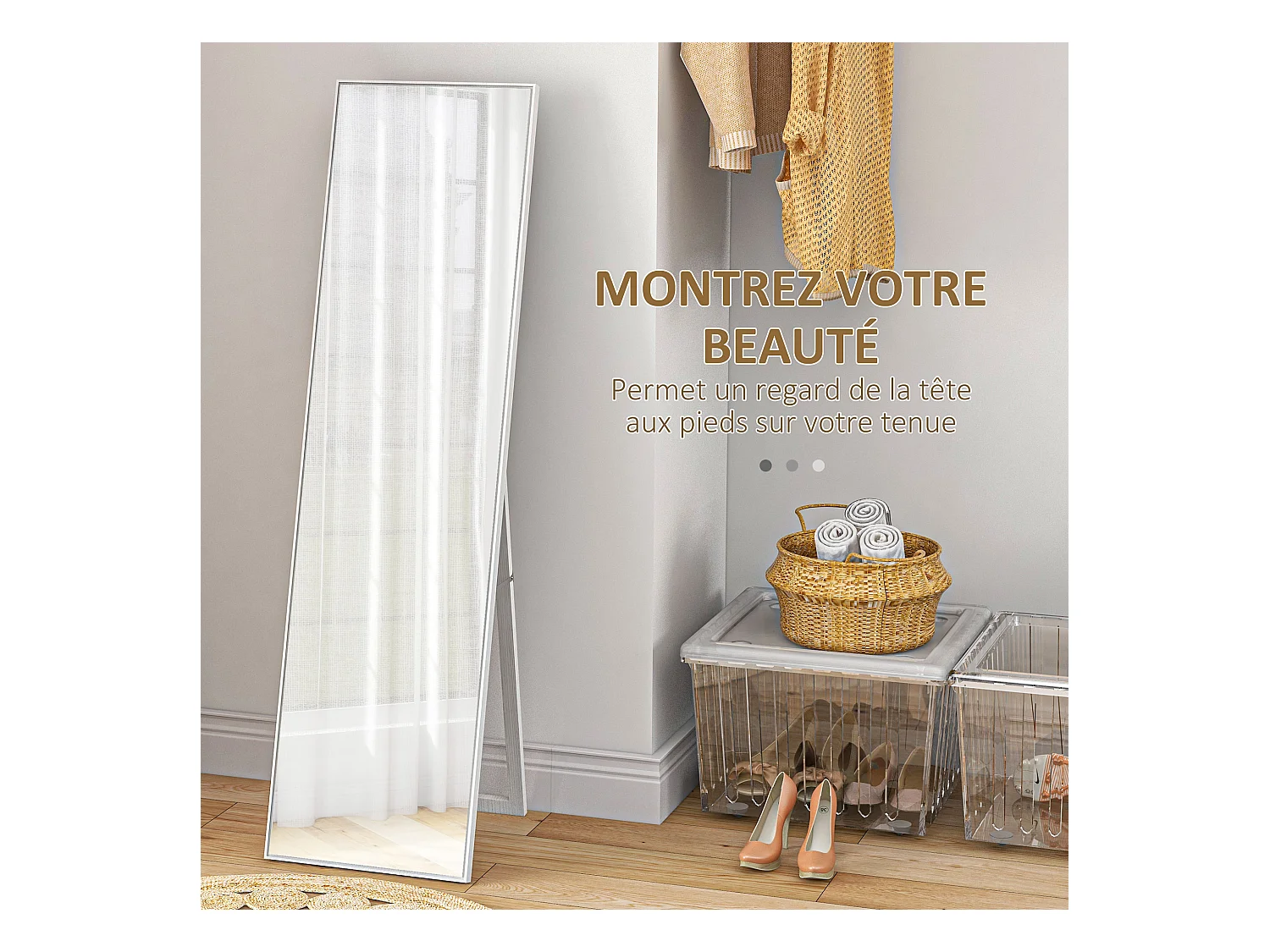 Miroir sur pied rectangulaire dim. 40L x 35l x 147H cm MDF aspect bois blanc