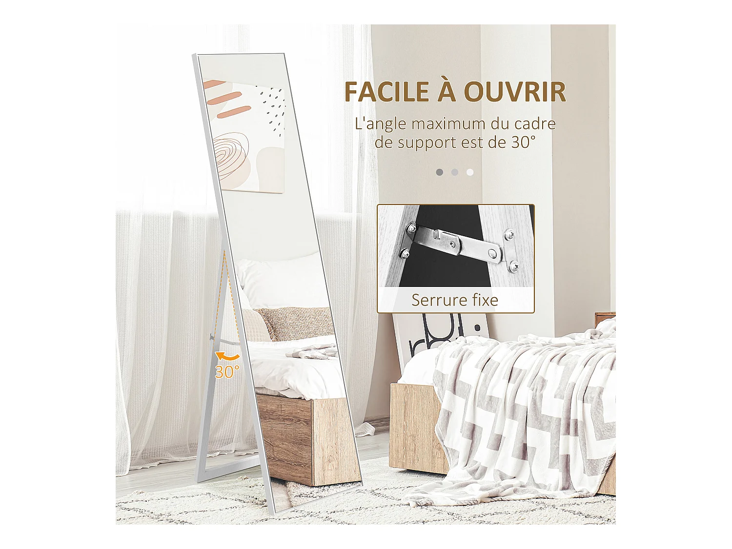 Miroir sur pied rectangulaire dim. 40L x 35l x 147H cm MDF aspect bois blanc