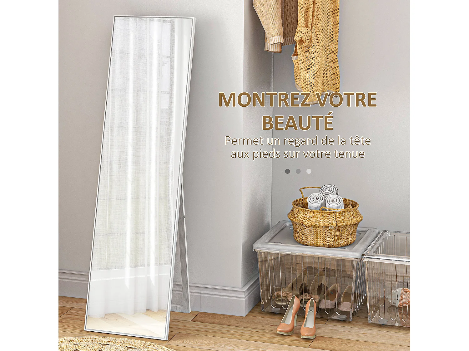 Miroir sur pied rectangulaire dim. 40L x 35l x 147H cm MDF aspect bois blanc