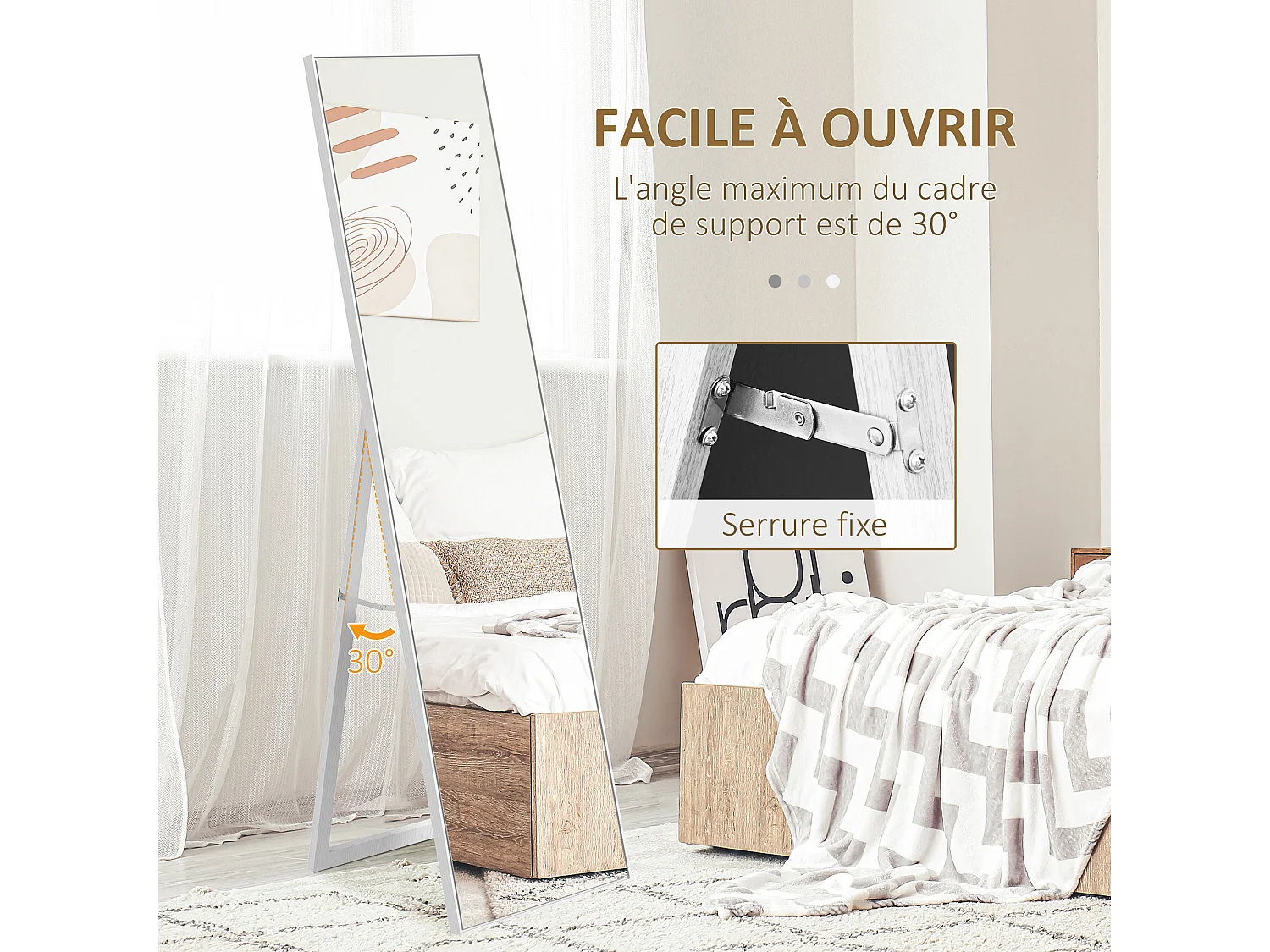 Miroir sur pied rectangulaire dim. 40L x 35l x 147H cm MDF aspect bois blanc