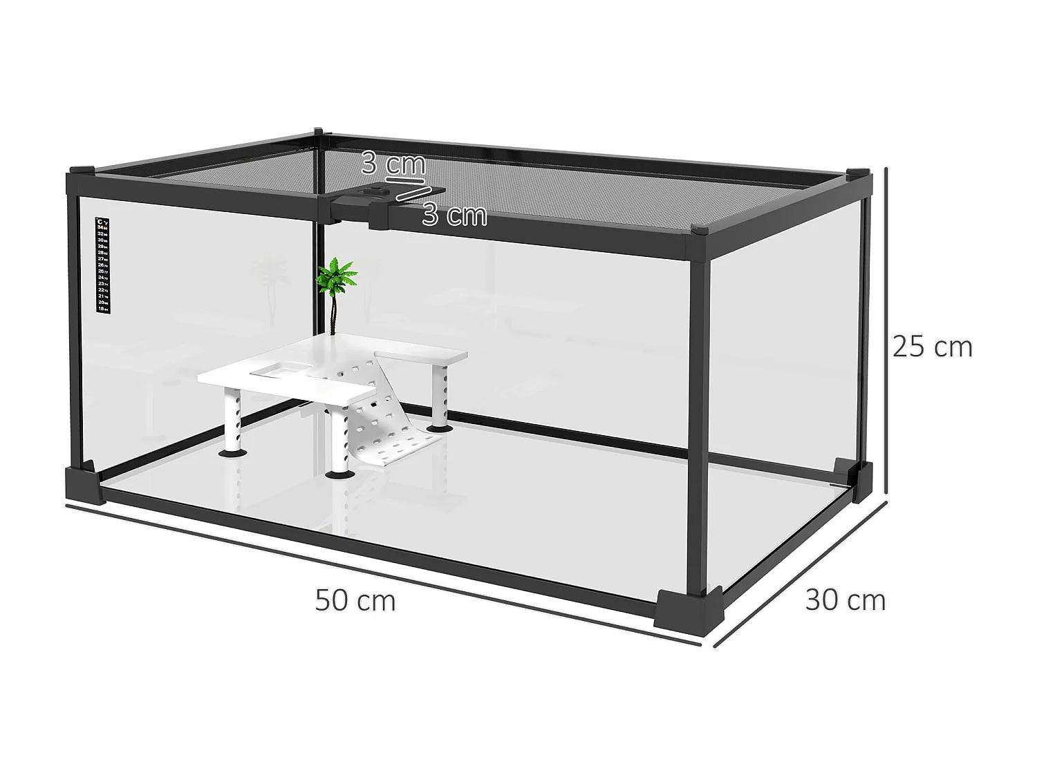 Terrarium en verre - vivarium reptile & batracien - habitat tortue - couvercle grillagé couliant verrouillable - acceoire, thermomètre inclu - métal noir verre