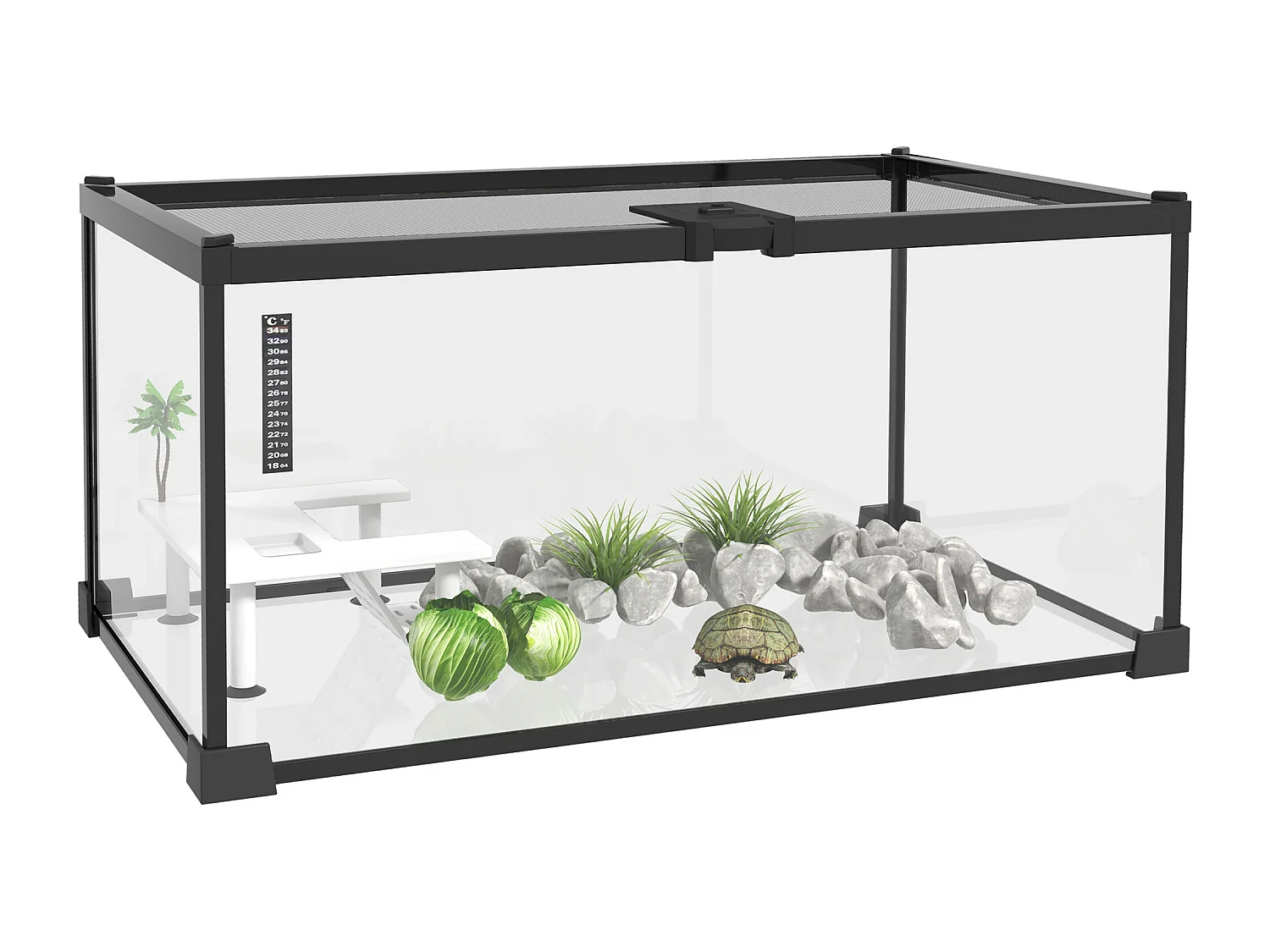 Terrarium en verre - vivarium reptile & batracien - habitat tortue - couvercle grillagé couliant verrouillable - acceoire, thermomètre inclu - métal noir verre