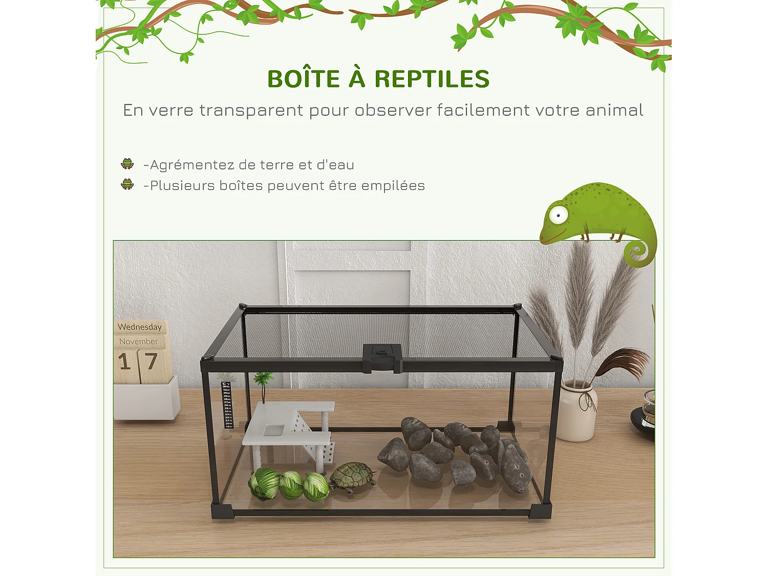 Terrarium en verre - vivarium reptile & batracien - habitat tortue - couvercle grillagé couliant verrouillable - acceoire, thermomètre inclu - métal noir verre