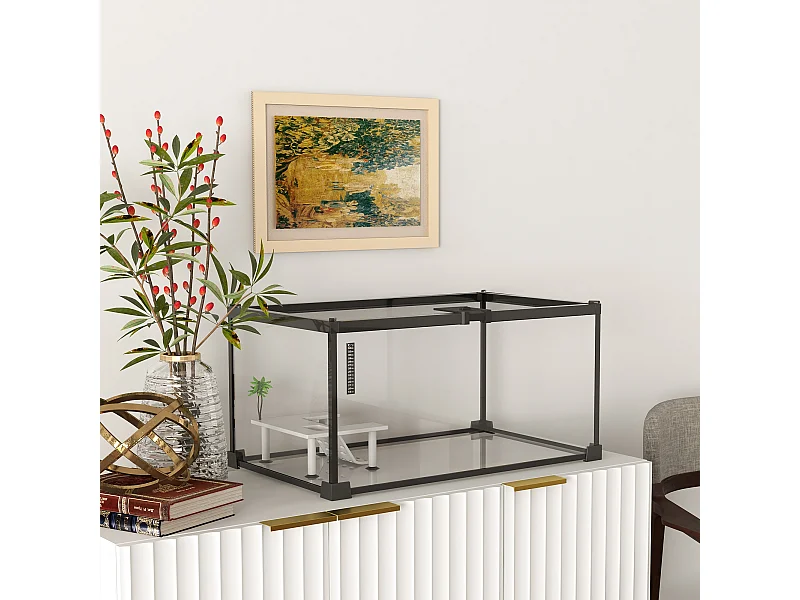 Terrarium en verre - vivarium reptile & batracien - habitat tortue - couvercle grillagé couliant verrouillable - acceoire, thermomètre inclu - métal noir verre
