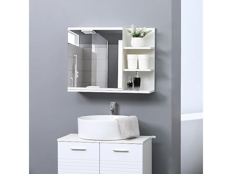 Armoire miroir de salle de bain avec étagère - 3 étagères latérales - kit installation murale fourni - panneaux particules blanc