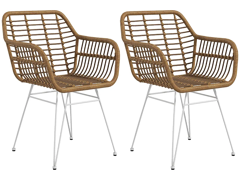 Lot de 2 chaises de salon style bohème piètement épingle acier blanc revêtement résine tressée marron clair