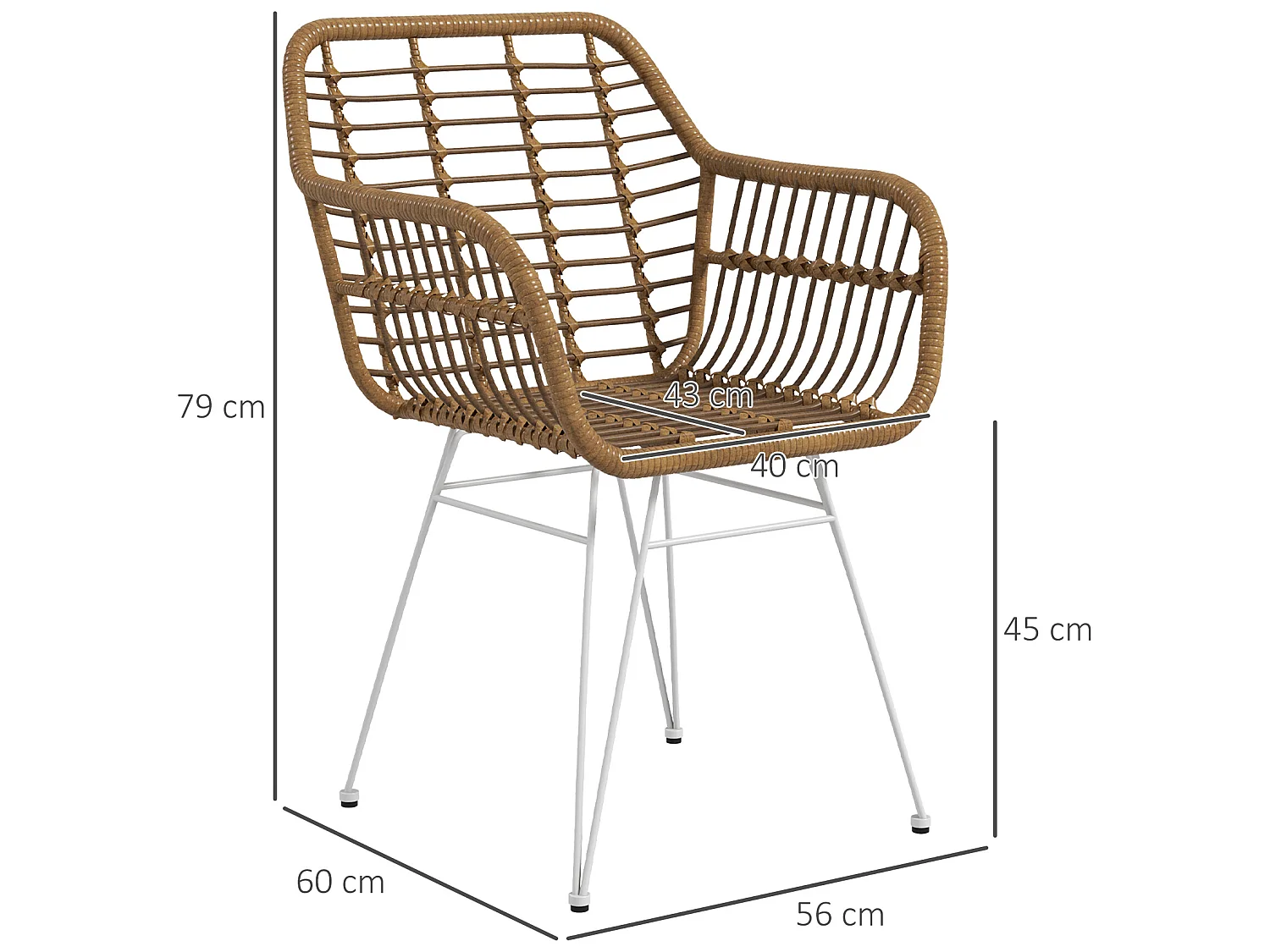 Lot de 2 chaises de salon style bohème piètement épingle acier blanc revêtement résine tressée marron clair