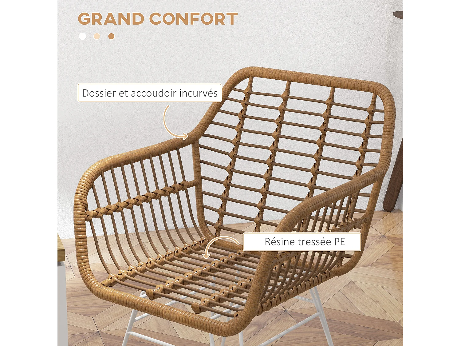 Lot de 2 chaises de salon style bohème piètement épingle acier blanc revêtement résine tressée marron clair