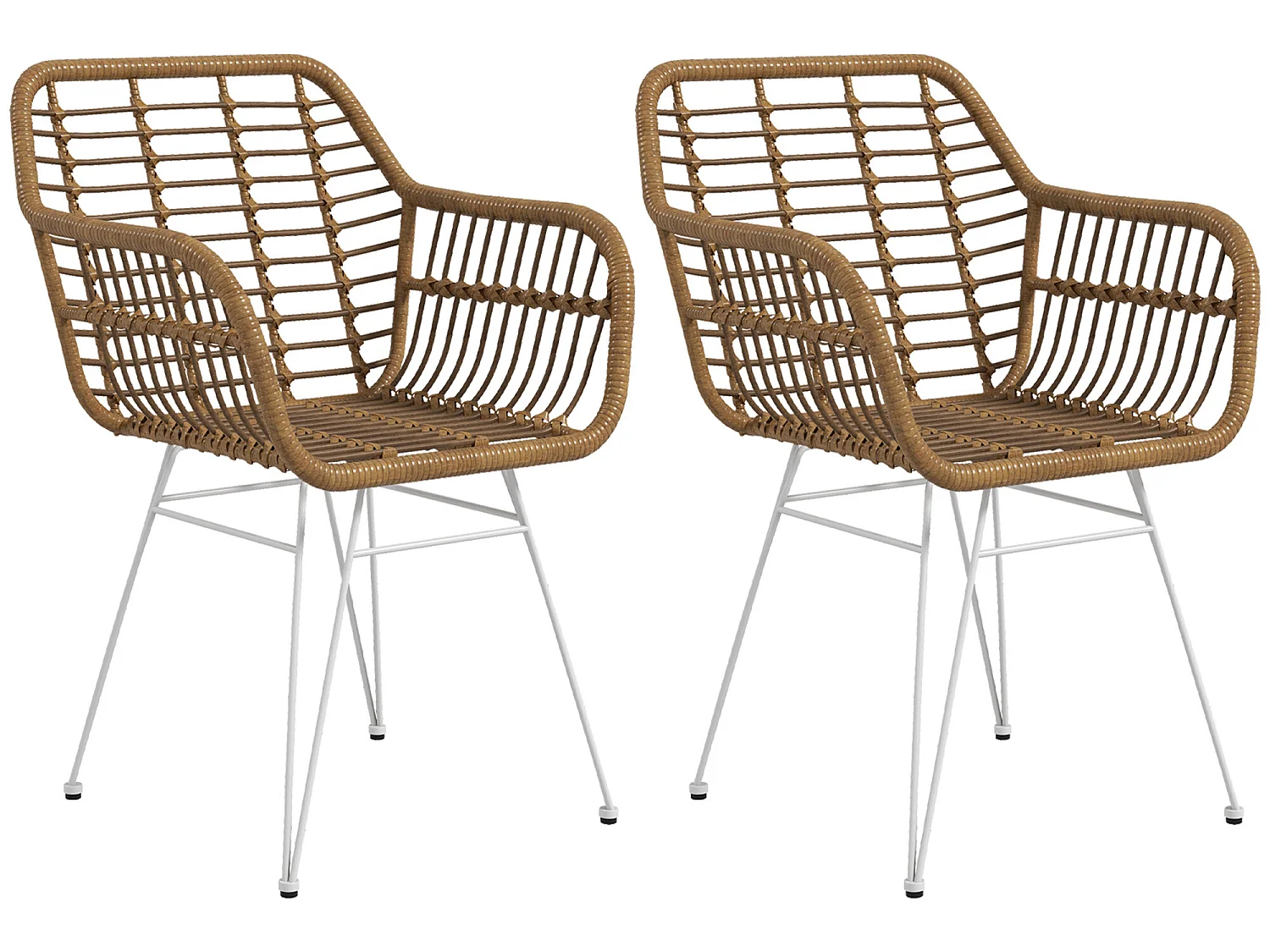 Lot de 2 chaises de salon style bohème piètement épingle acier blanc revêtement résine tressée marron clair