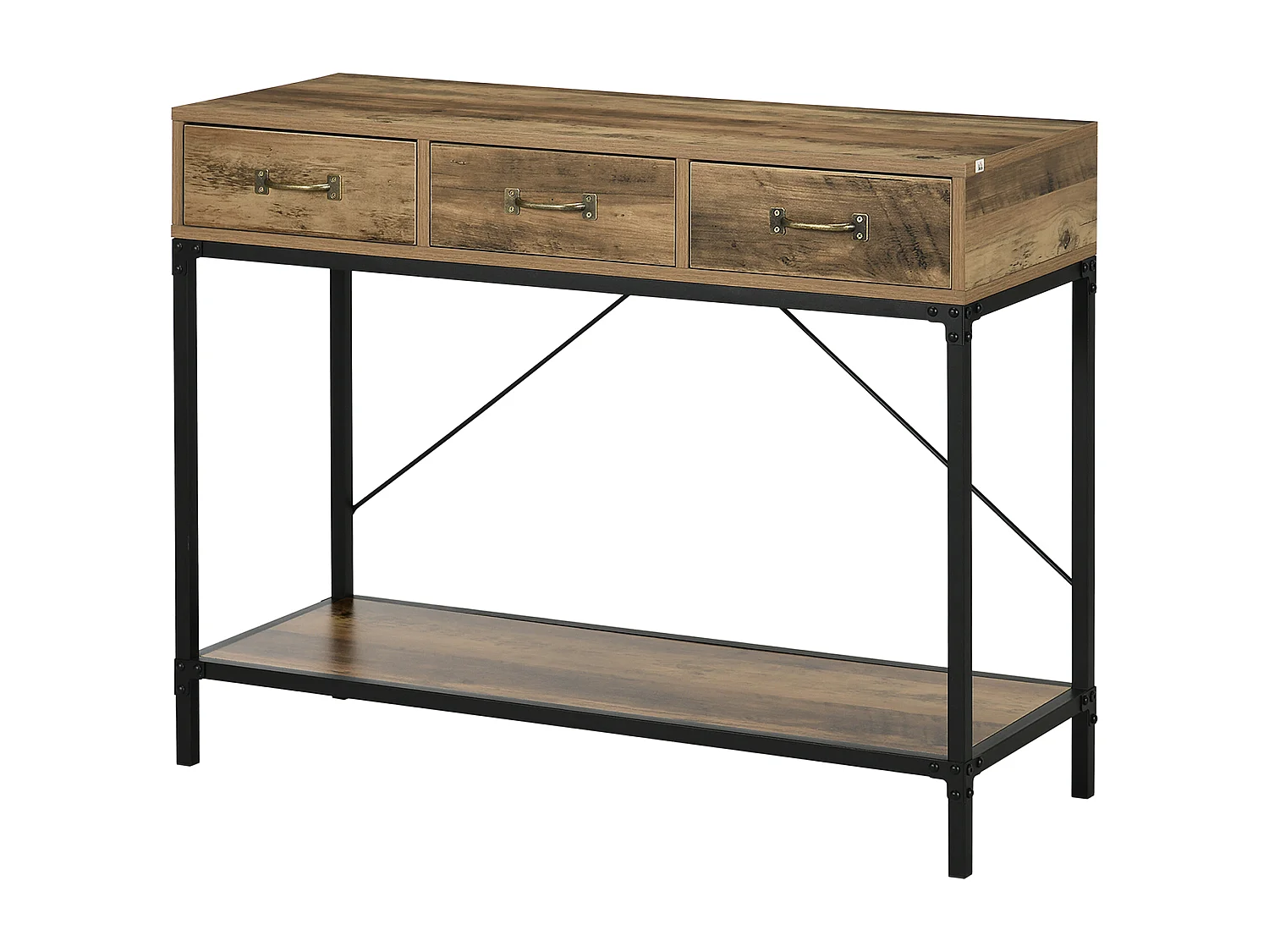 Console table d'appoint design industriel 3 tiroirs étagère acier noir panneaux particules aspect bois vieilli