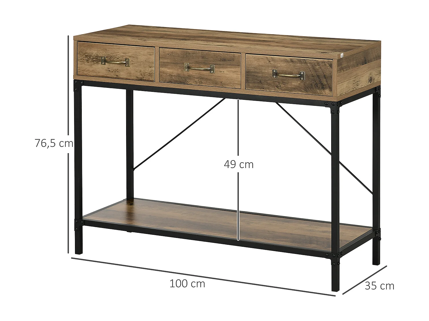 Console table d'appoint design industriel 3 tiroirs étagère acier noir panneaux particules aspect bois vieilli