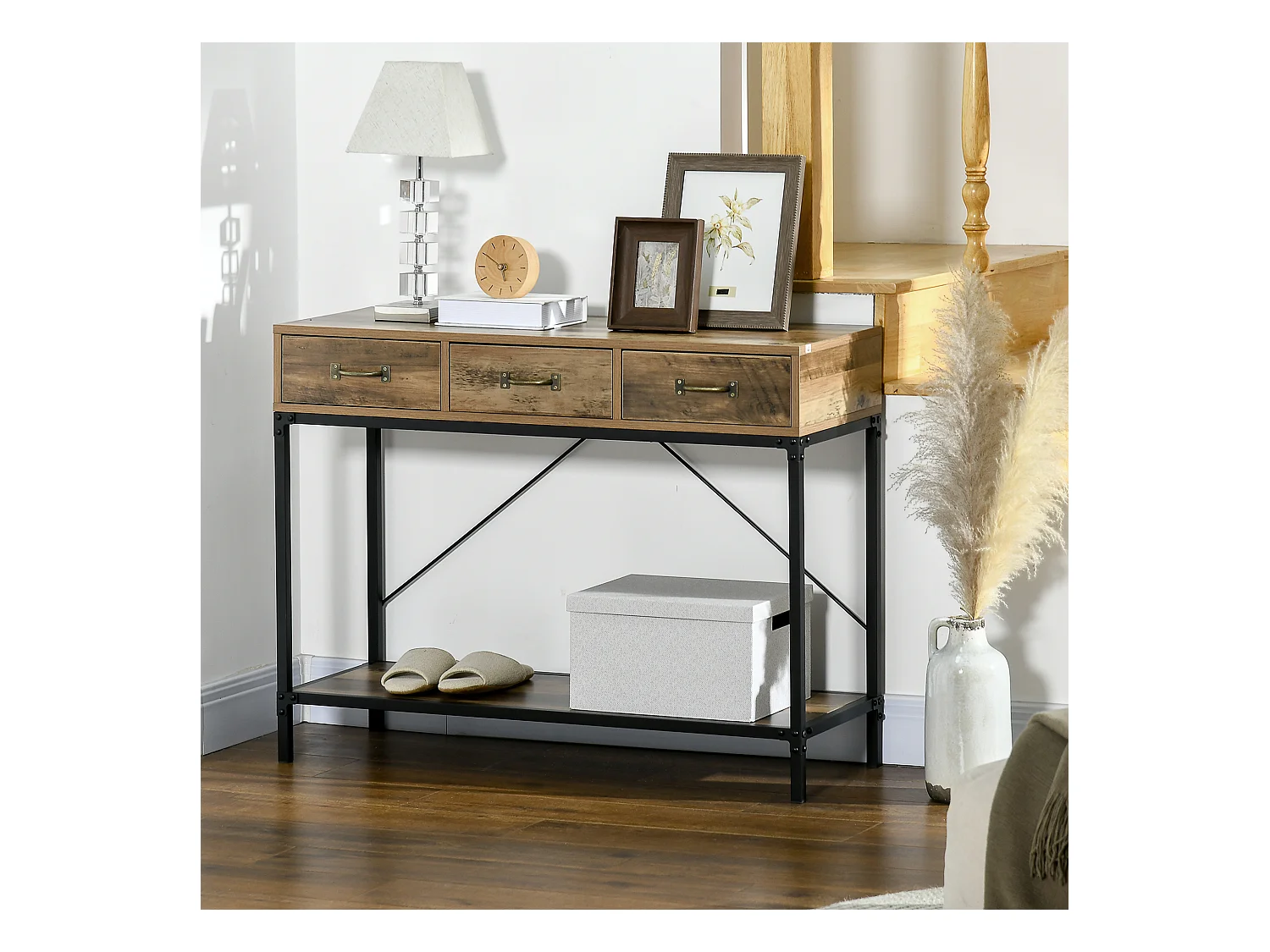 Console table d'appoint design industriel 3 tiroirs étagère acier noir panneaux particules aspect bois vieilli