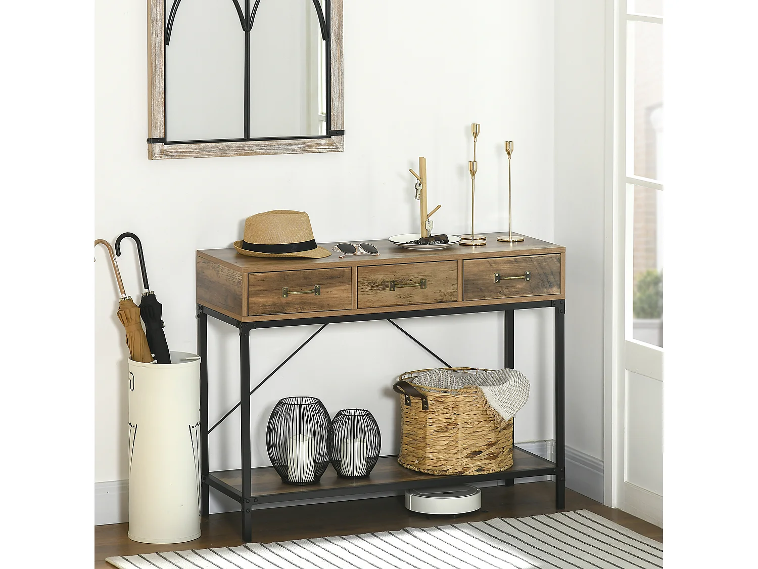 Console table d'appoint design industriel 3 tiroirs étagère acier noir panneaux particules aspect bois vieilli