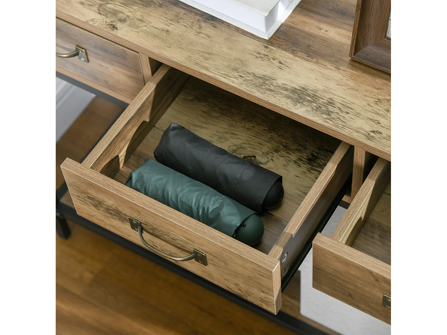 Console table d'appoint design industriel 3 tiroirs étagère acier noir panneaux particules aspect bois vieilli