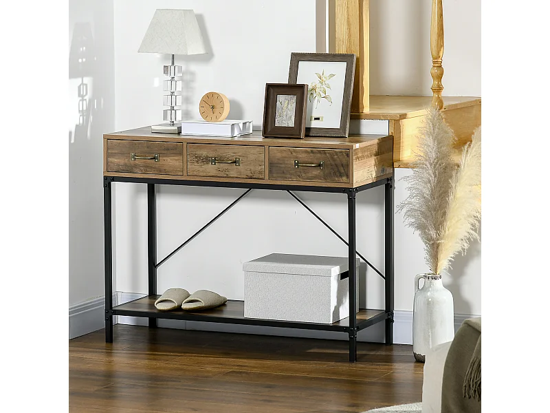 Console table d'appoint design industriel 3 tiroirs étagère acier noir panneaux particules aspect bois vieilli