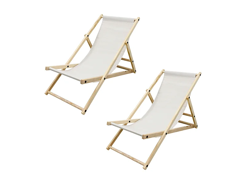 Set 2x Chaise longue de jardin pliable beige en bois chiliennes 3 positions de couchage  jusqu'à 120 kg usage intérieur et extérieur balcon terrasse