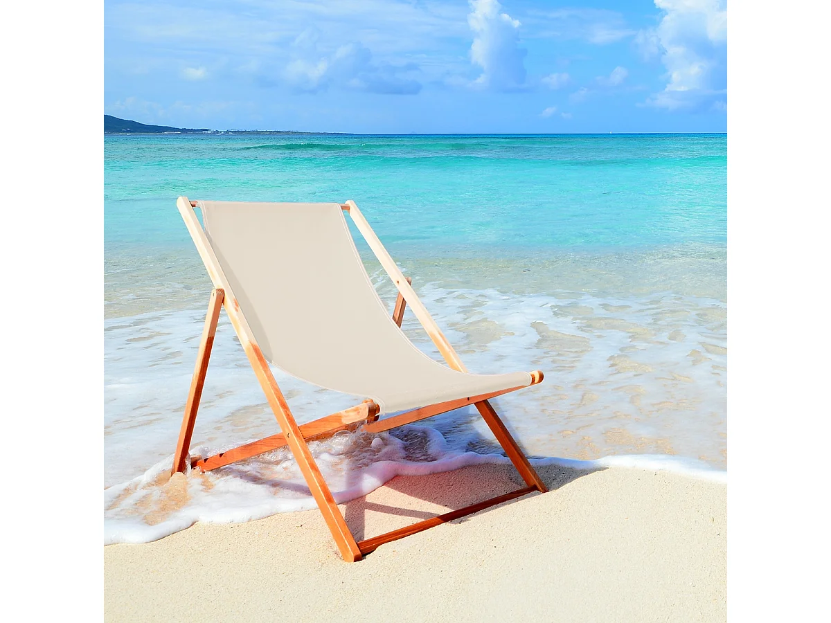 Set 2x Chaise longue de jardin pliable beige en bois chiliennes 3 positions de couchage  jusqu'à 120 kg usage intérieur et extérieur balcon terrasse