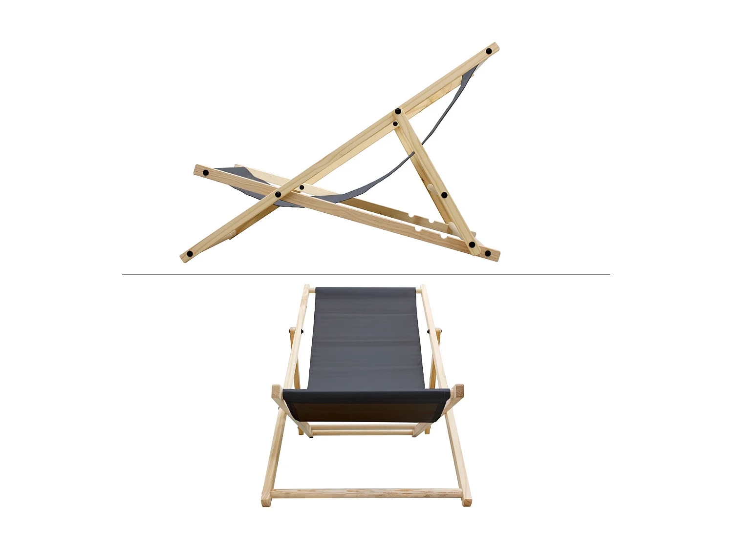 Chaise longue de jardin pliable anthracite en bois chilienne 3 positions de couchage jusqu'à 120 kg pour usage intérieur et extérieur balcon terrasse