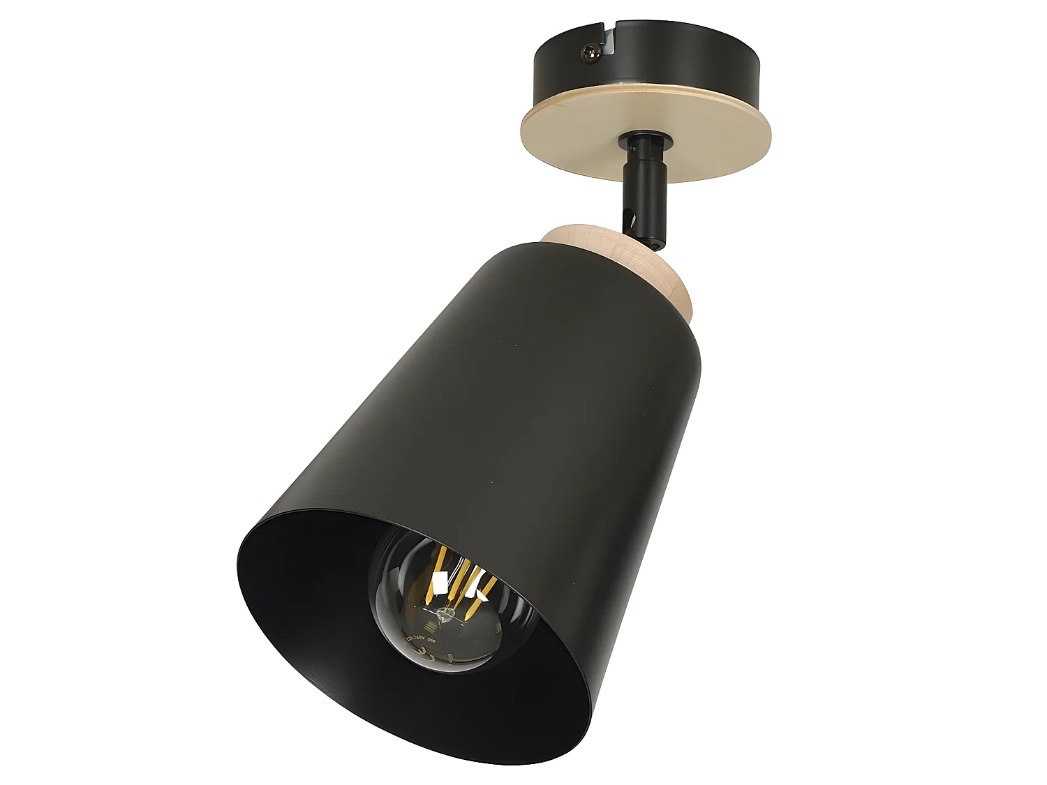 Aplique de pared Tasla con pantalla orientable negro y detalle de madera 1xE27