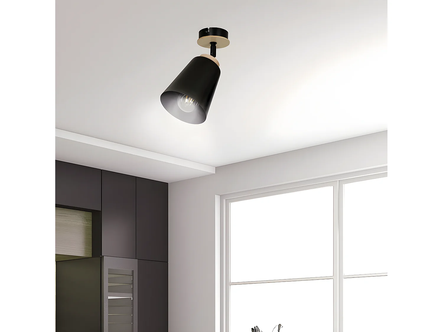 Aplique de pared Tasla con pantalla orientable negro y detalle de madera 1xE27