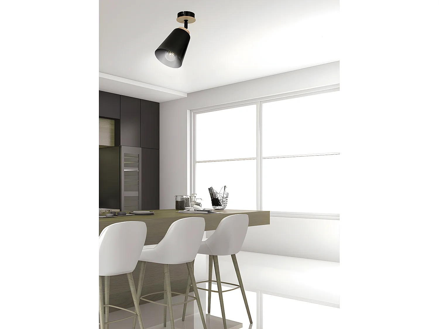 Aplique de pared Tasla con pantalla orientable negro y detalle de madera 1xE27