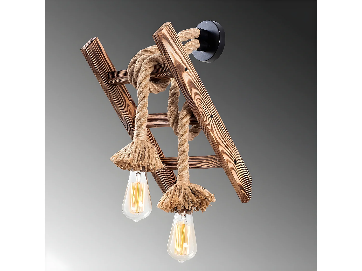 Applique Gentry style rustique avec échelle en bois et 2 cordes de suspension 2xE27