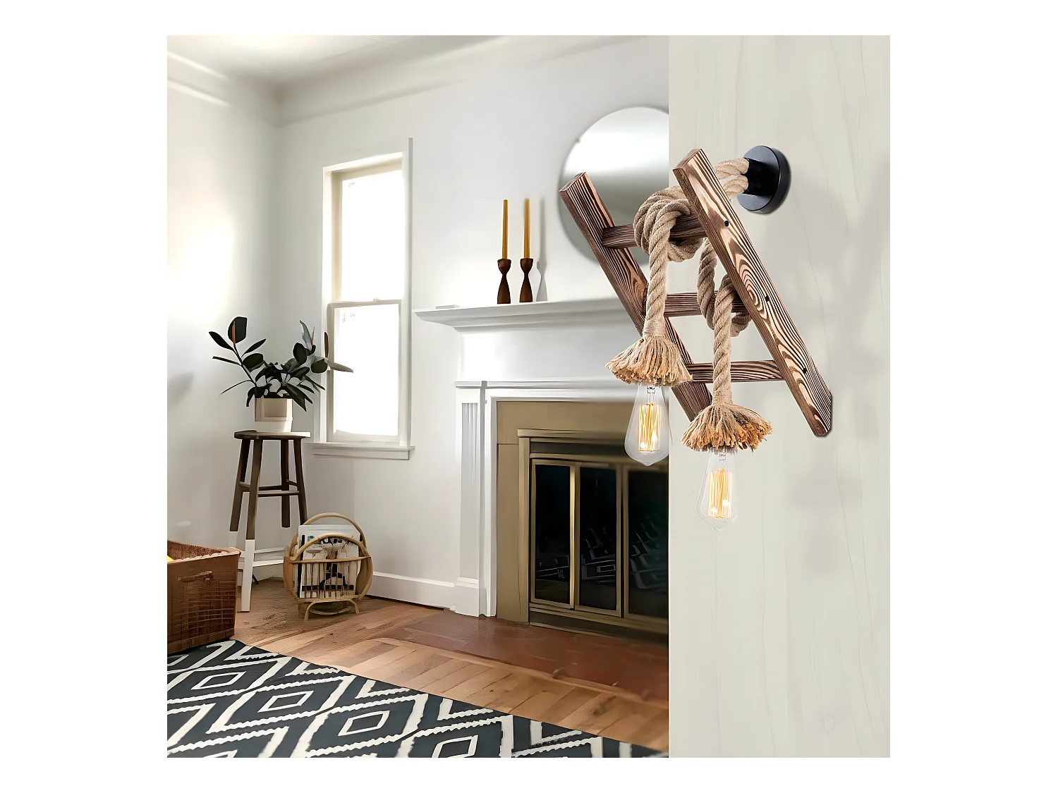 Gentry rustieke stijl wandlamp met houten ladder en 2 ophangtouwen 2xE27