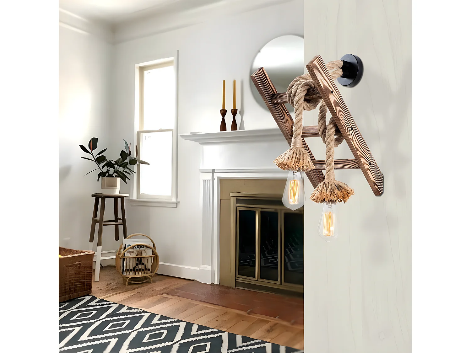 Gentry rustieke stijl wandlamp met houten ladder en 2 ophangtouwen 2xE27