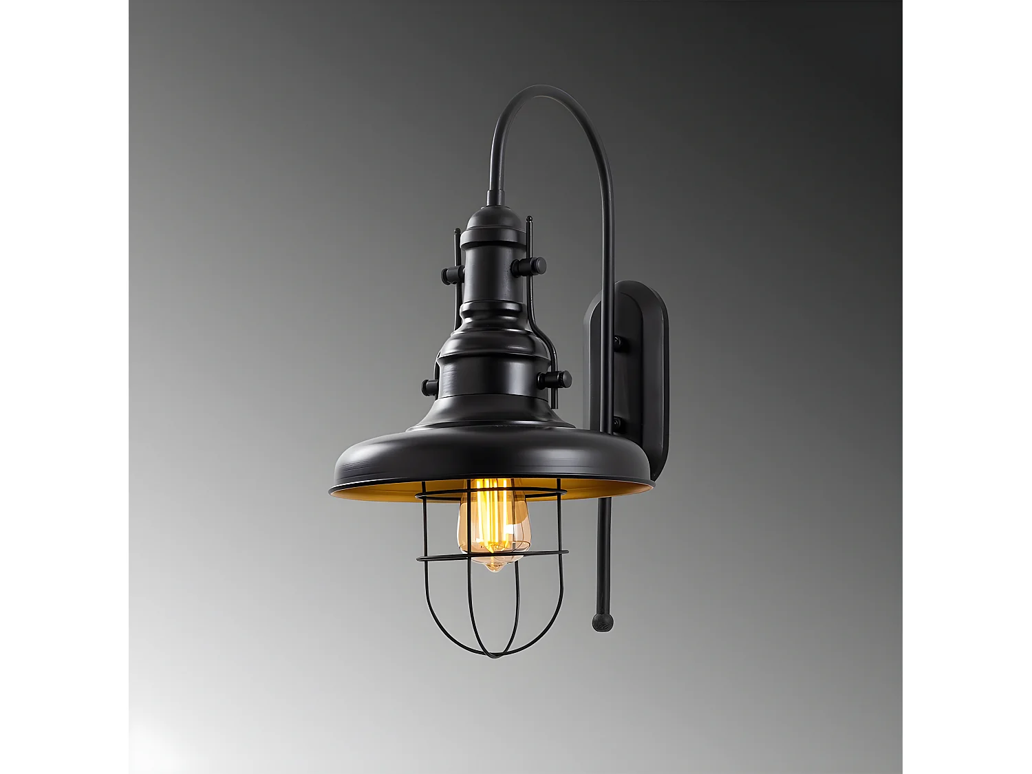 Challenge stijl wandlamp met zwart scherm en metalen rooster 1xE27