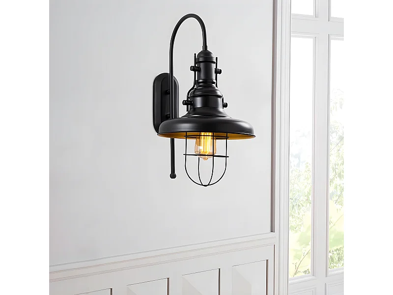 Challenge stijl wandlamp met zwart scherm en metalen rooster 1xE27