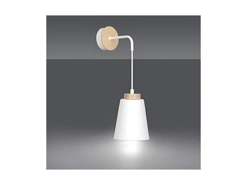 Hängende Wandleuchte Lasso mit weißem Lampenschirm und Holzdetail 1xE27