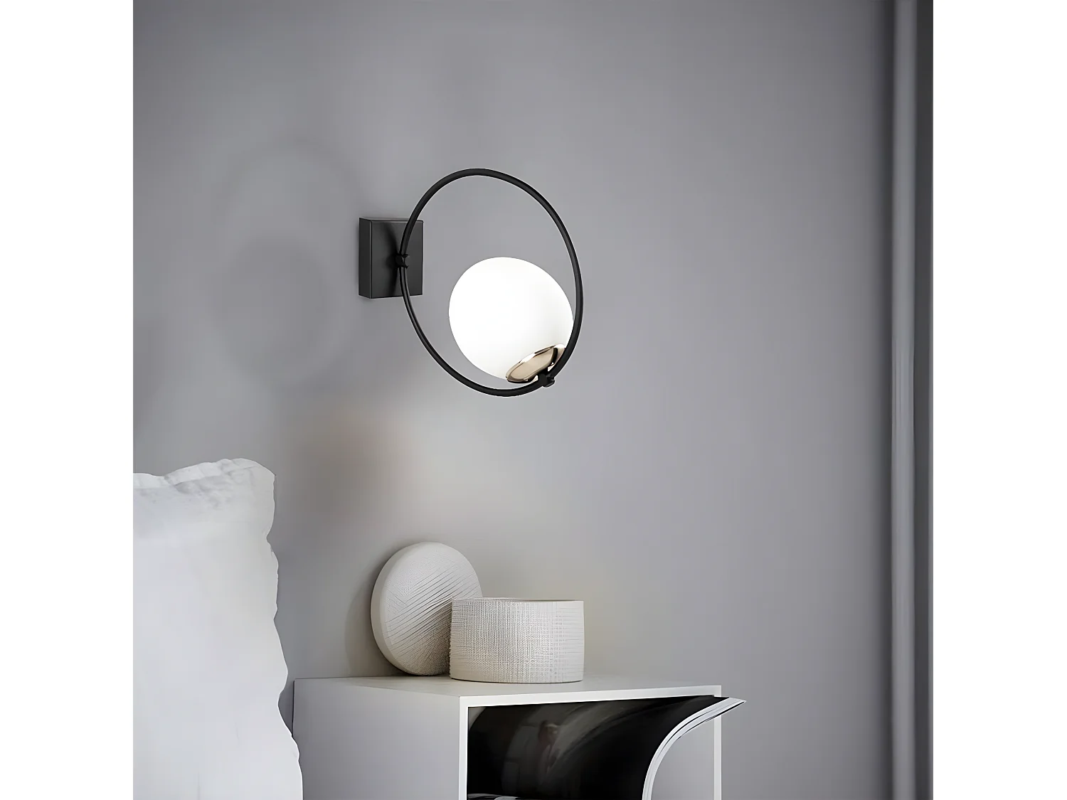 Escott wandlamp met hoepelstructuur en witte glazen bol 1xE27