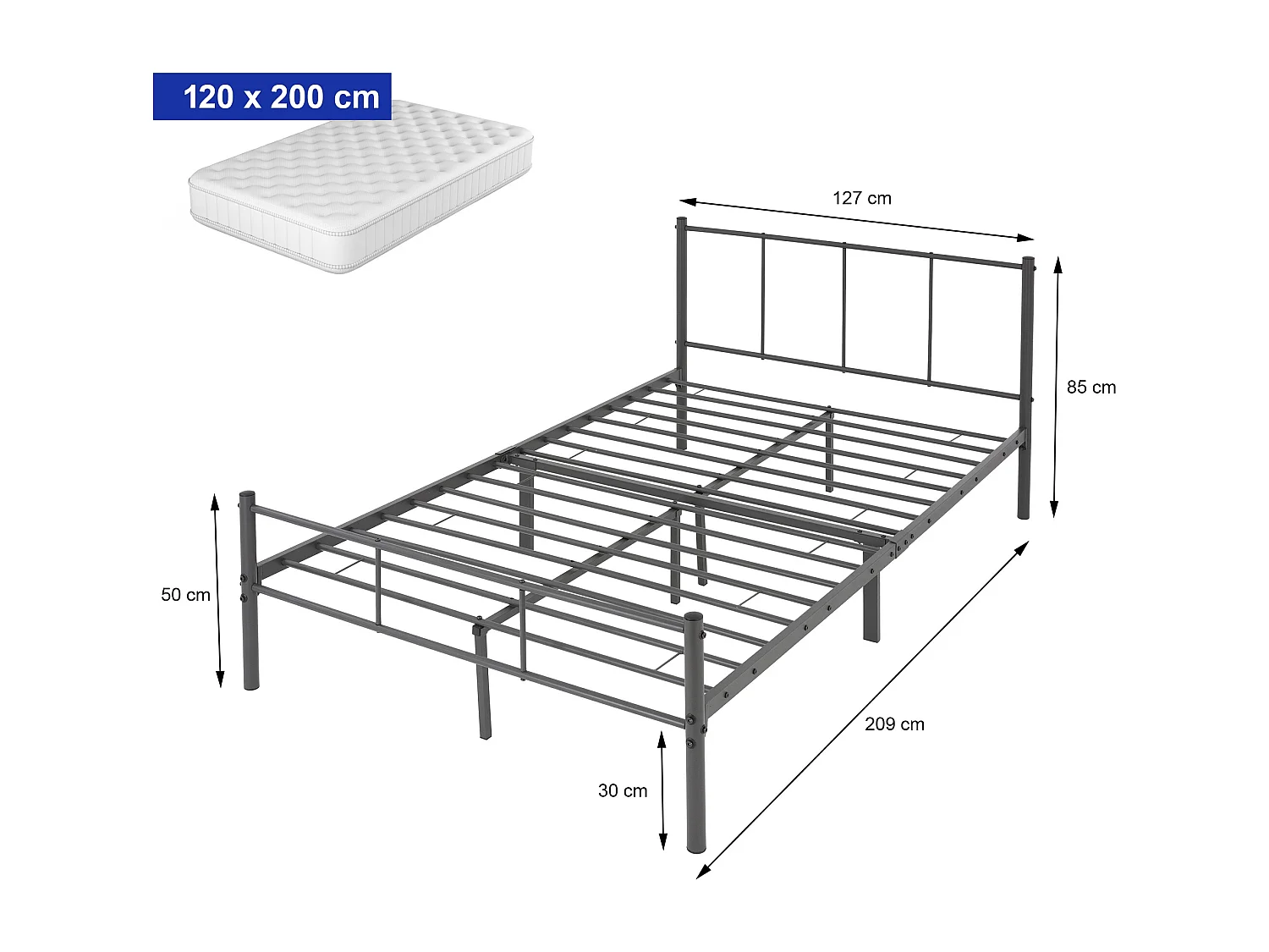 Giroletto struttura base letto con rete a doghe in metallo 120x200 cm antracite