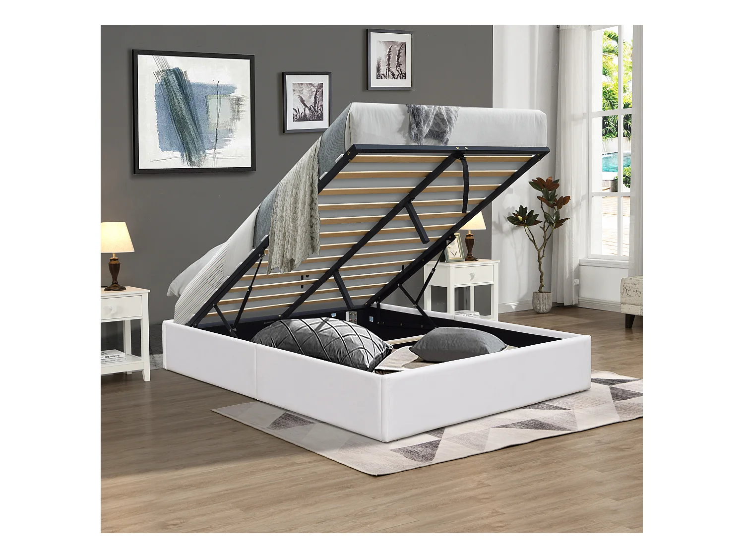Lit Coffre Gris Loris 140x190 cm - 2 x 12 Lattes - Montage Rapide - Revêtement PVC Simili