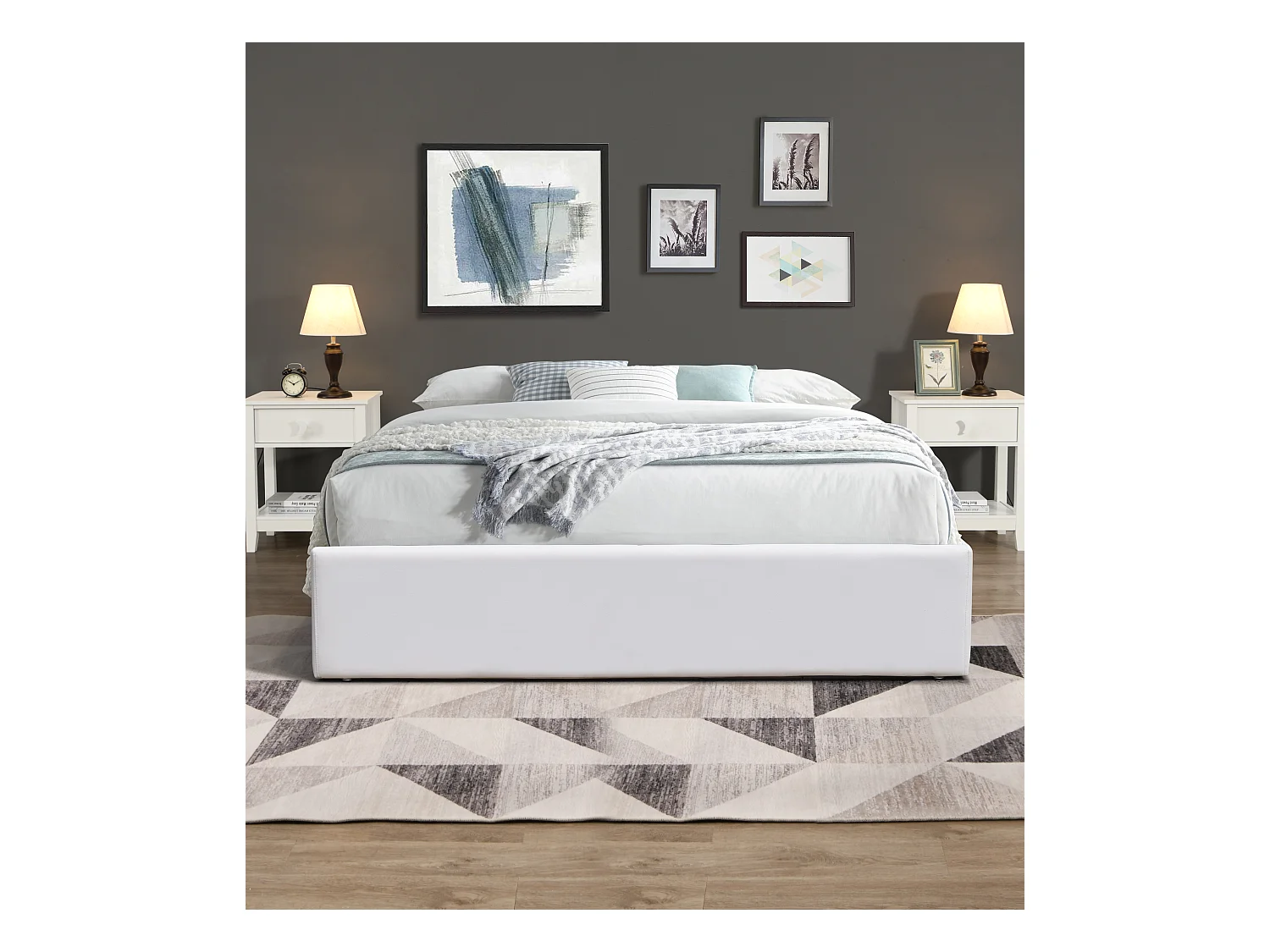 Lit Coffre Gris avec Pieds pour Matelas 180x200 cm - 2 x 14 Lattes - Montage Rapide PVC Simili