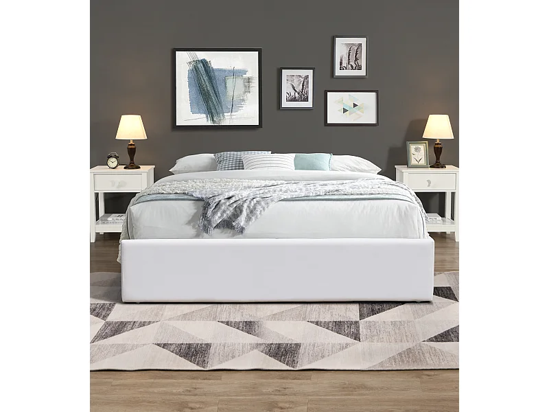 Lit Coffre Gris avec Pieds pour Matelas 180x200 cm - 2 x 14 Lattes - Montage Rapide PVC Simili