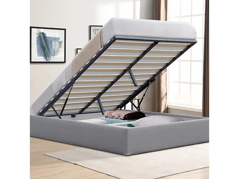 Lit Coffre Gris avec Pieds pour Matelas 180x200 cm - 2 x 14 Lattes - Montage Rapide PVC Simili