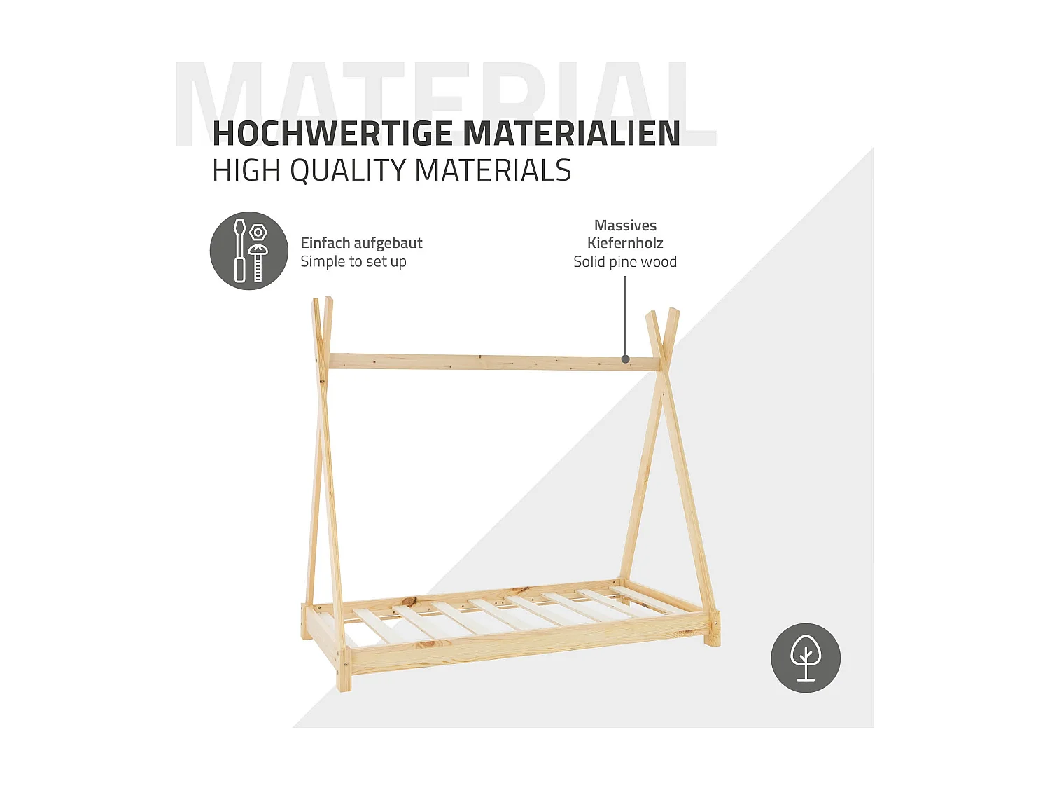 Lit d'enfants Tipi 70x140cm naturel style indien cadre bois de pin massif avec matelas hypoallergénique housse amovible respirant et sommier à lattes