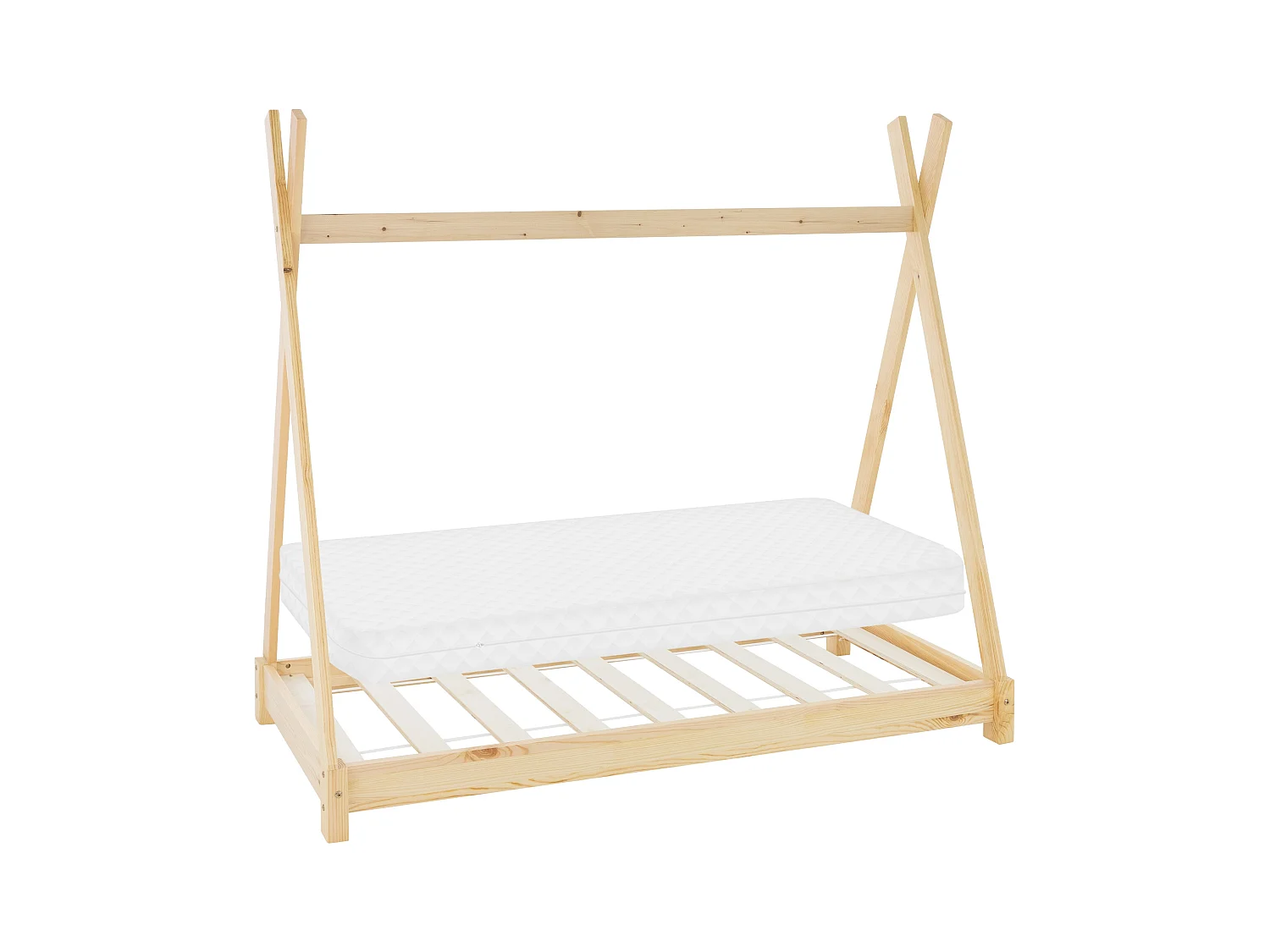 Lit d'enfants Tipi 70x140cm naturel style indien cadre bois de pin massif avec matelas hypoallergénique housse amovible respirant et sommier à lattes