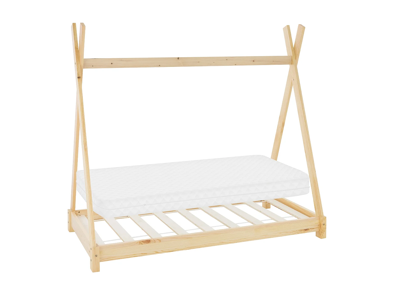 ML-Design Cama infantil tipi 70x140 cm color natural con colchón de espuma fría y somier estructura de listones con techo forma de tienda