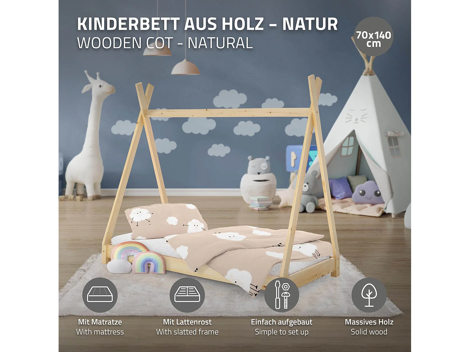 ML-Design Cama infantil tipi 70x140 cm color natural con colchón de espuma fría y somier estructura de listones con techo forma de tienda