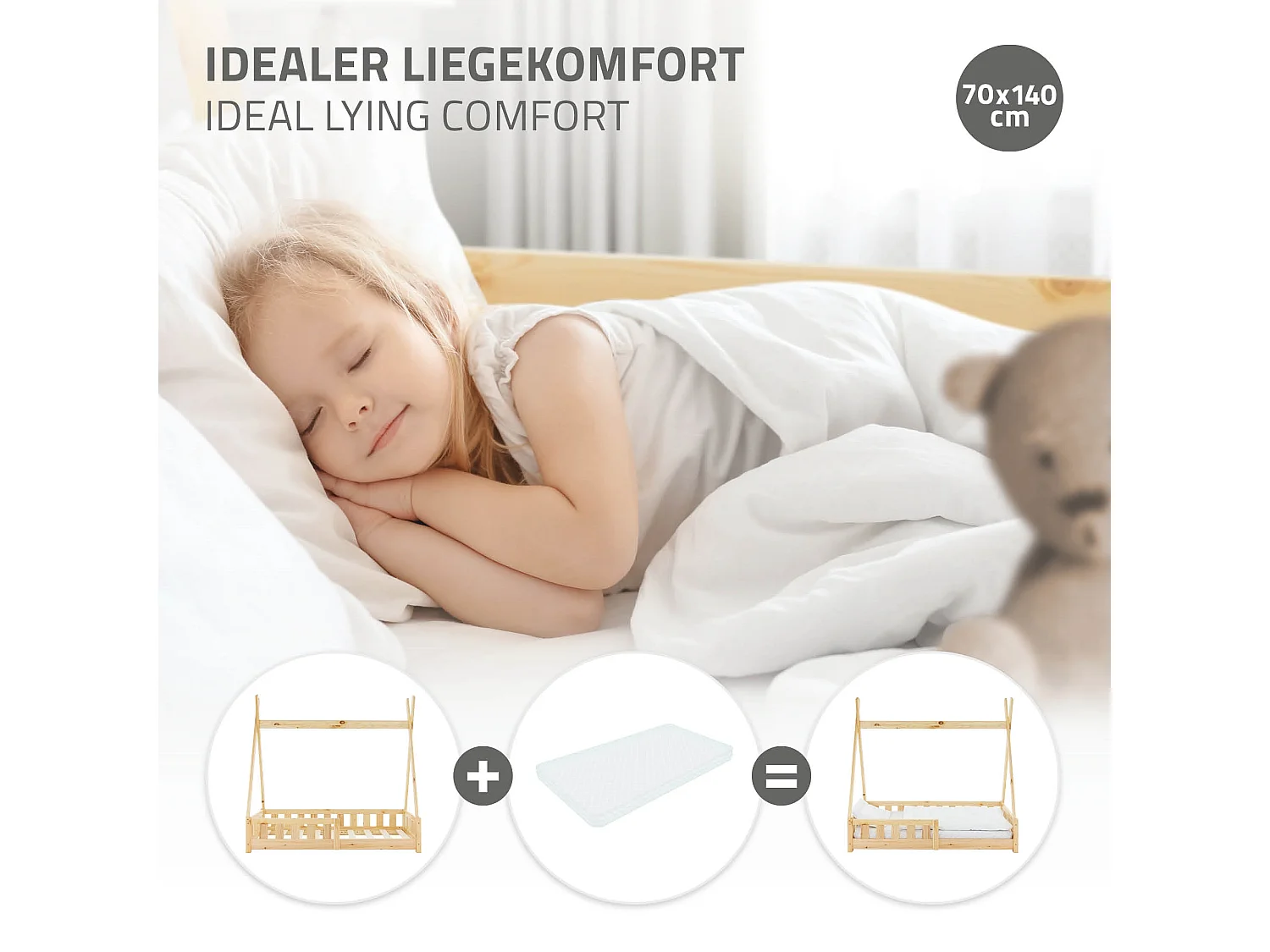 ML-Design Cama infantil tipi 70x140 cm color natural con protección anticaída y somier mobiliario con estructura de listones de madera de pino maciza