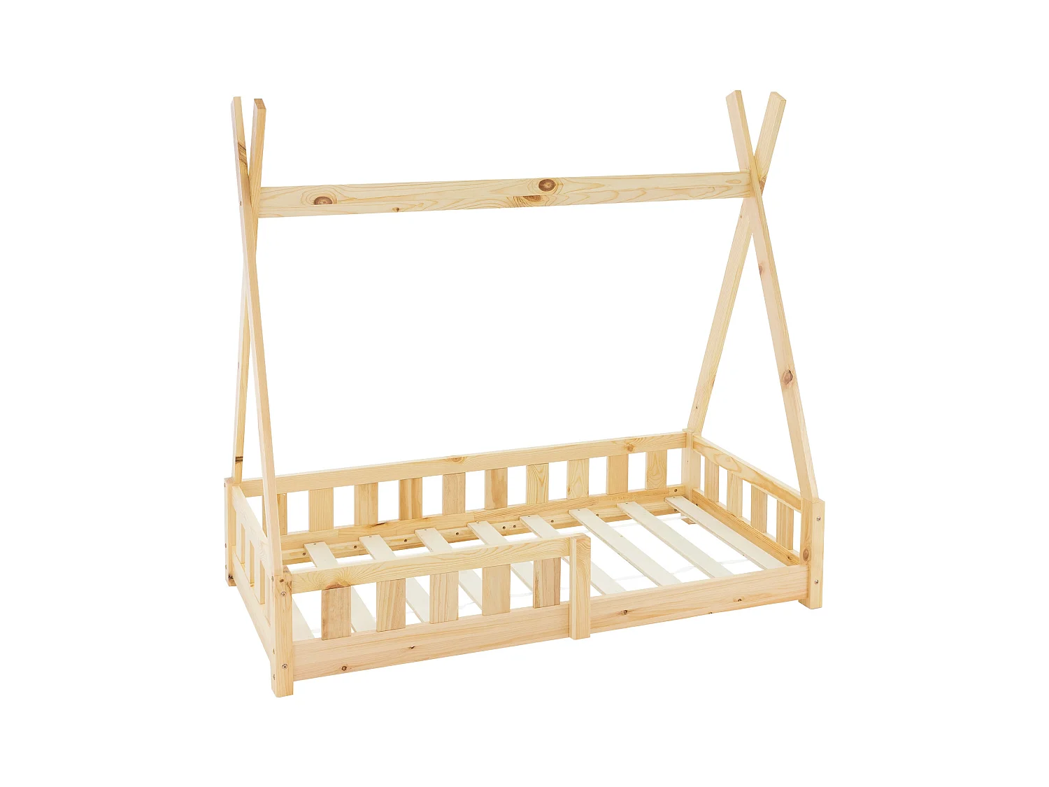 Lit d'enfants Tipi 140x70 cm nature style maison avec protection sommier à lattes grille de sécurité en bois de pin massif tente indien filles/garçons