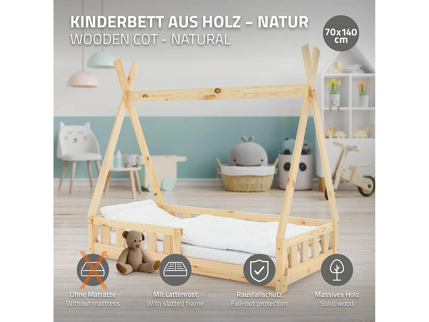 ML-Design Letto tepee per bambini 70x 140 cm con sponde, rete a doghe lettino tenda indiana da in legno di pino massiccio naturale per cameretta bimbi