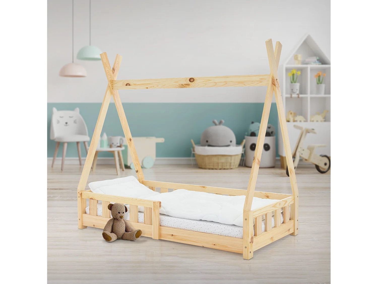 ML-Design Letto tepee per bambini 70x 140 cm con sponde, rete a doghe lettino tenda indiana da in legno di pino massiccio naturale per cameretta bimbi