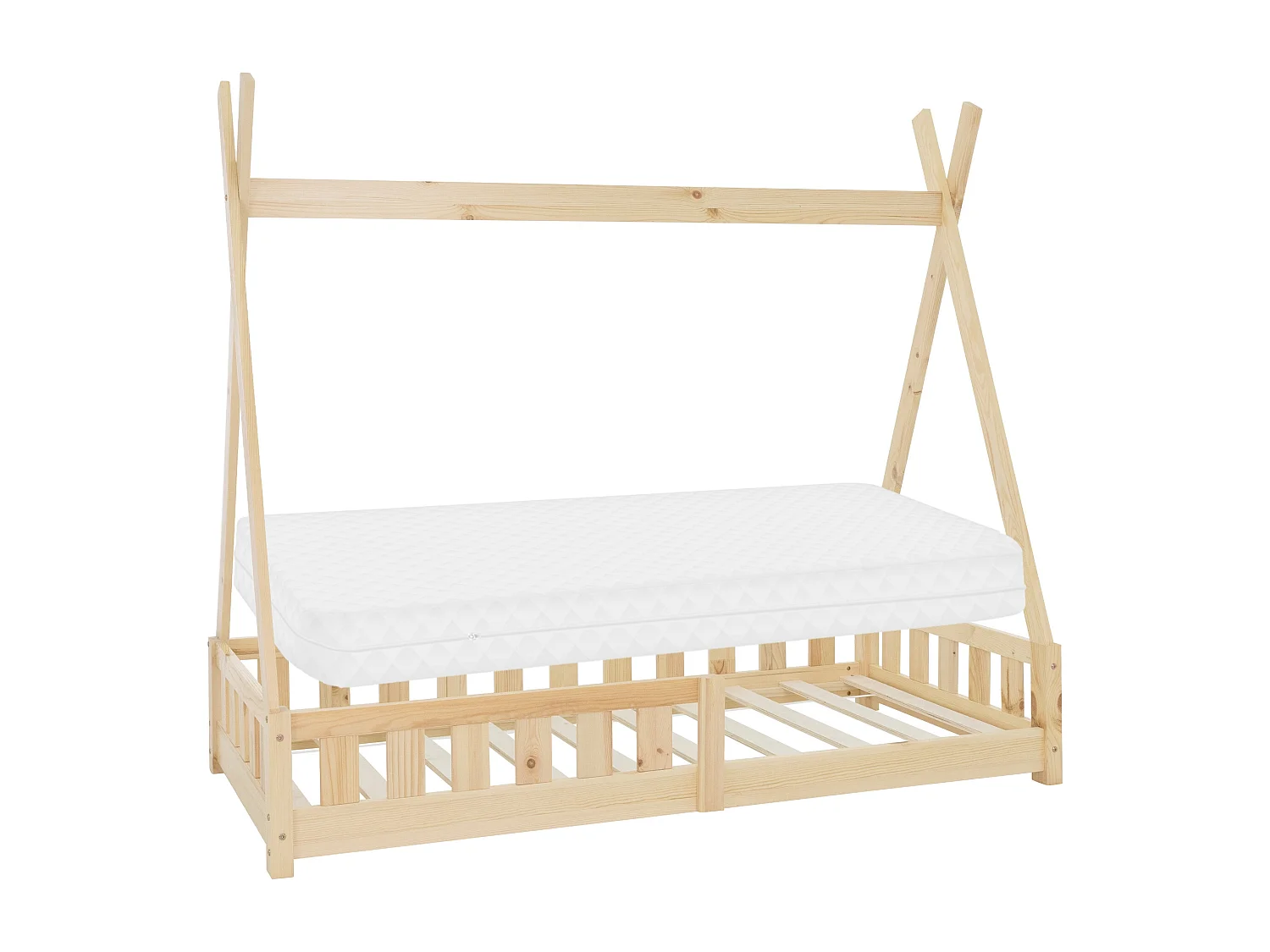 Lit d'enfants Tipi 80x160 cm naturel style indien bois de pin massif avec matelas housse amovible respirant et sommier à lattes protection anti-chute