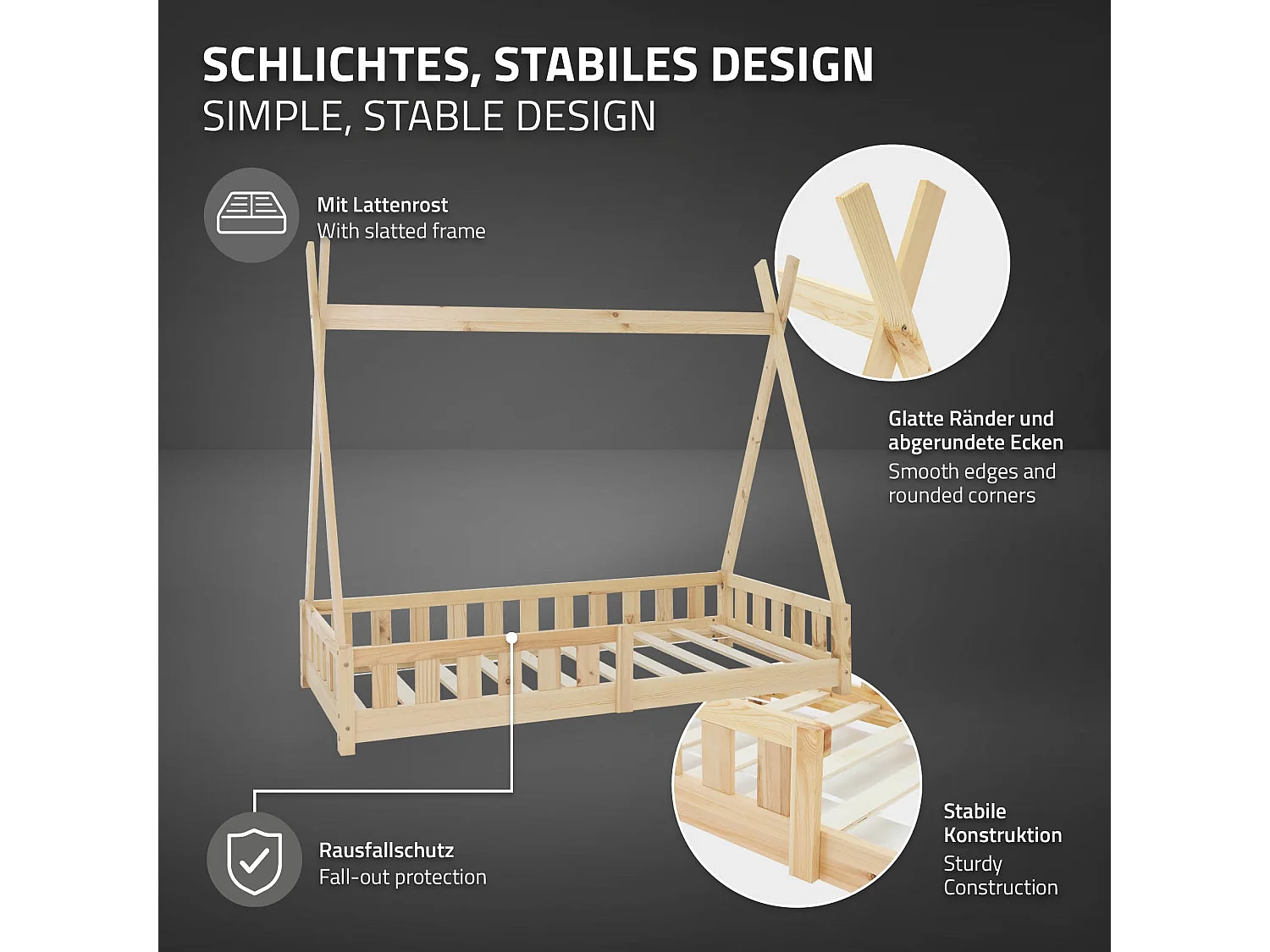 Lit d'enfants Tipi 80x160 cm naturel style indien bois de pin massif avec matelas housse amovible respirant et sommier à lattes protection anti-chute